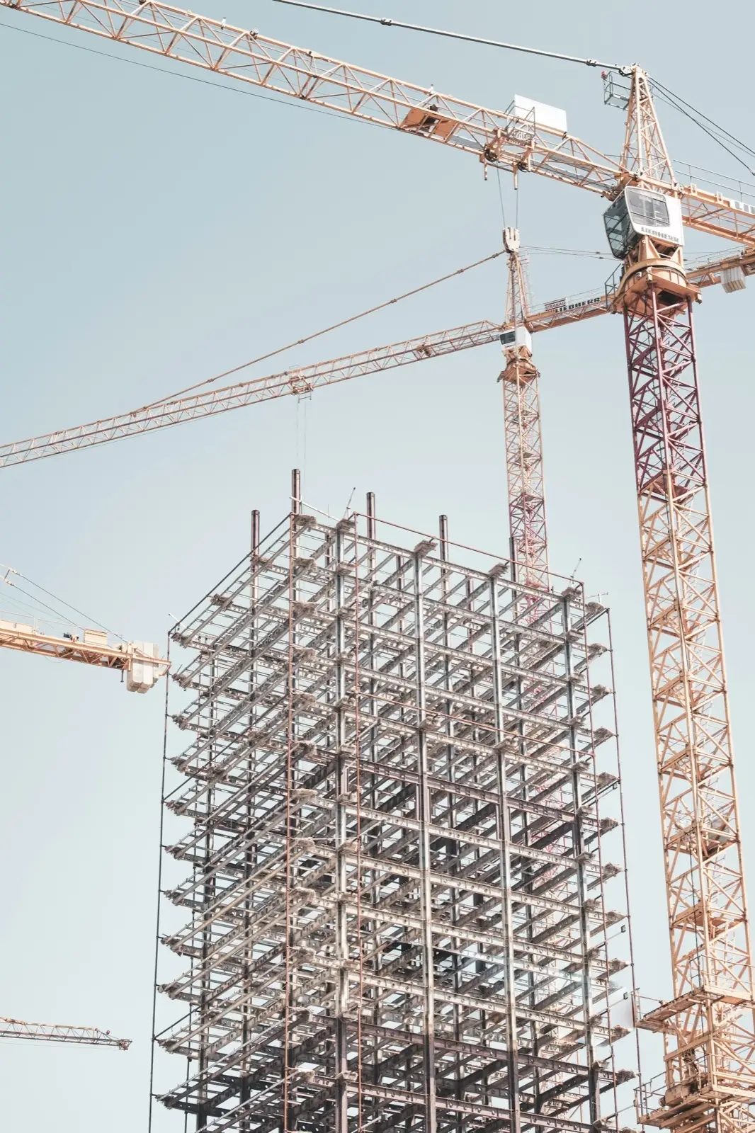 Multi-level scaffold structure beside tower cranes on a construction site
